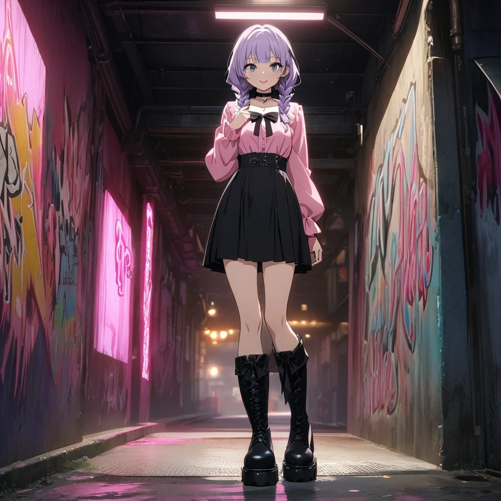 a masterpiece, beautiful eyes, a beautiful face, beautiful depiction, details, solid blue Skyscrapers background, ultra detailed, 8K, Dark blue night sky, (a girl with closs hair pin,pale purple hair,wavy two braids,bluntbangs hair,green and black eyes,
pink shirt,cosplay, jirai kei, bangs, black skirt, black bow, looking at viewer, bow, long sleeves, choker, ribbon,pink lips,Thick-soled boots,fullbody shot :1.4),boots focus,
(masterpiece:1.3), anime visual, small breast,slim,The Moulin Rouge in Paris, mysterious pink light, a slightly dark room,look at viewer,smiling, full body shot, A starry sky, a gentle smile, Graffiti art, dimly lit underpass, light coming from behind her, look at viewer, Wearing black jumpsuit with top off, black sports bra, smiling at the camera, black baseball cap, black sneakers,
New York slums, belly button,