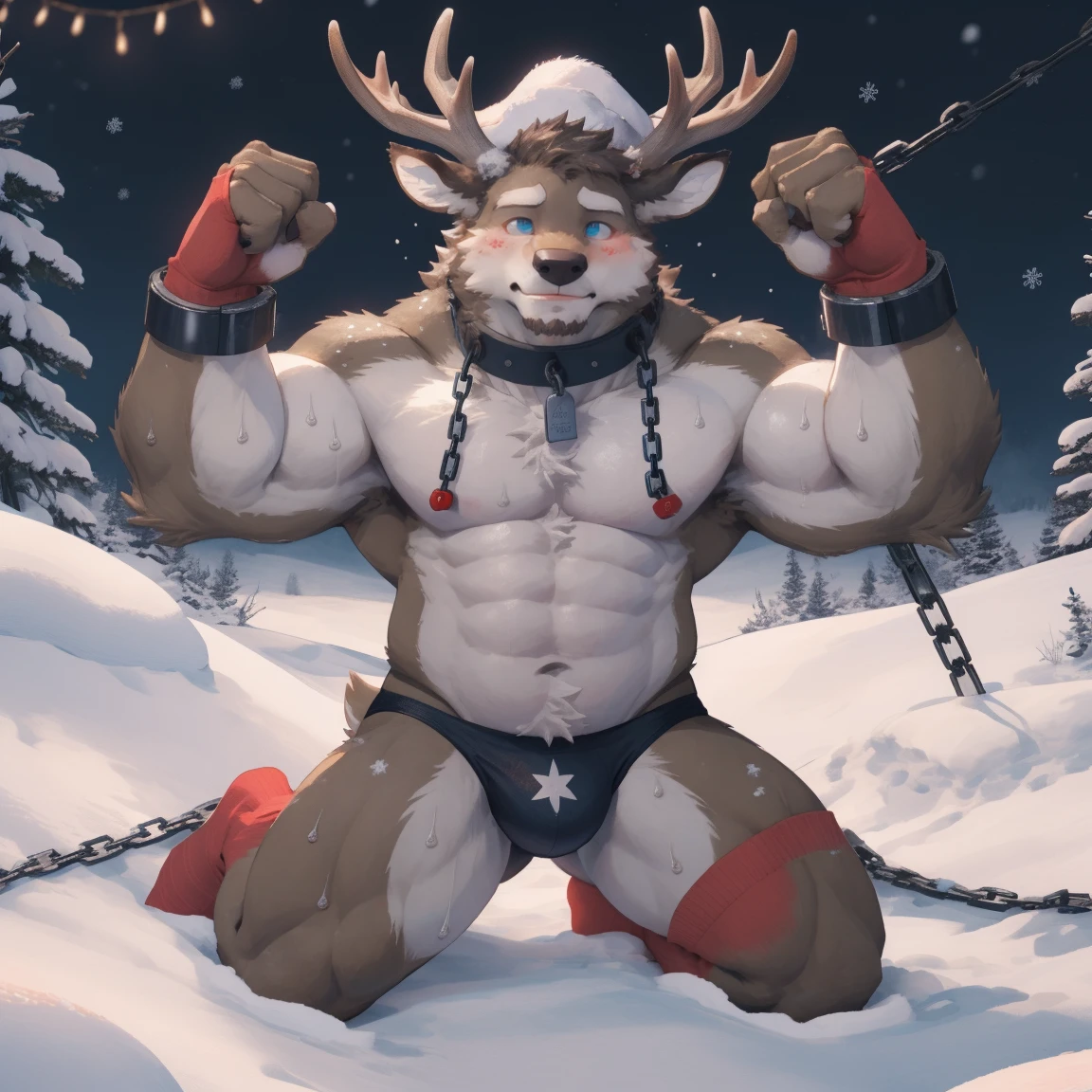 masterpiece, best quality, 8k resolution, Very detailed, hairy,(((Elk))),(((Mature))),(((middle age))),(((Blushing))),portrait,(((blue eyes))),(((strong))),(((Blushing))),(((Shirtless))),(((Brown fur))),((huge)),Hip bulge,For the audience,(((Shameful))),Highest quality scene,Solitary,solitary,(((Erotic panties)),(((Hip bulge))),(((Sweating))),((Chains)),(((limb shackles)))),(((Neck collar))),(Shameful),Kneeling on the ground,(((kneeling))),(((Blushing))),((Snow)),(((red socks))),Christmas,Christmas鹿