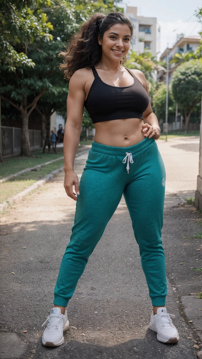 Mulher hiperrealista sorridente de 25 anos loira muito branca, cabelos muito loiros lisos e curtos, um pouco musculosa, ombros largos, strong physique, seios pequenos, pernas musculosas, wearing sneakers, workout pants and top, praticando caminhada em um parque.