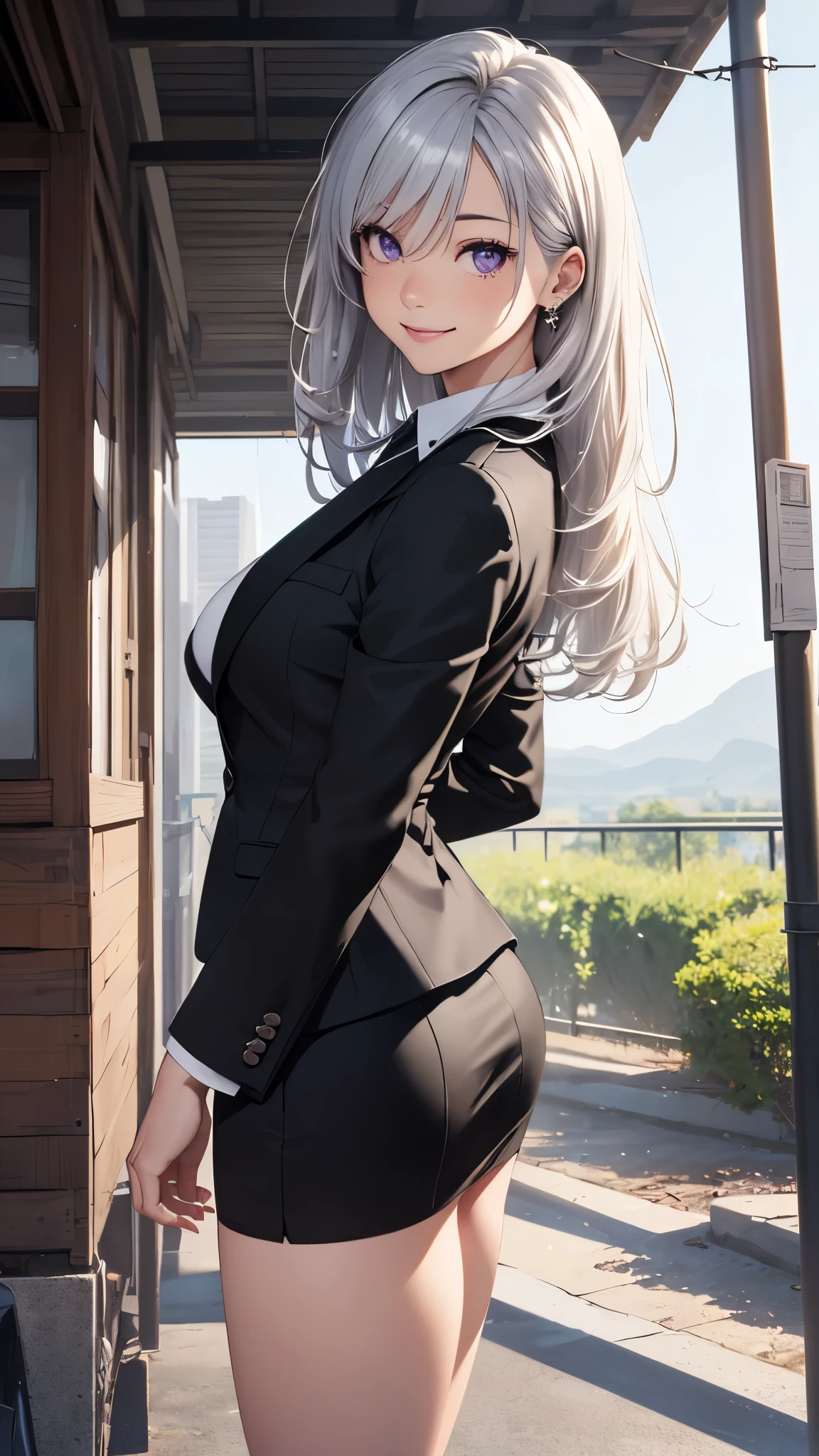 (masterpiece:1.2, top-quality), (realistic, photorealistic:1.4), beautiful illustration, (natural side lighting, movie lighting), 
looking at viewer, cowboy shot, front view, 1 girl, japanese, high school girl, perfect face, cute and symmetrical face, shiny skin, babyface, 
(long hair, straight hair, silver hair), hair between eyes, purple eyes, (middle breasts, seductive thighs, big ass), piercings, 
beautiful hair, beautiful face, beautiful detailed eyes, beautiful clavicle, beautiful body, beautiful chest, beautiful thigh, beautiful legs, beautiful fingers, 
((long sleeves, white collared shirt, black suit jacket, black pencil mini skirt), id card, strap, black high heels), 
(beautiful scenery), evening, park, walking, (lovely smile, upper eyes), big tits, ((high resolution face))