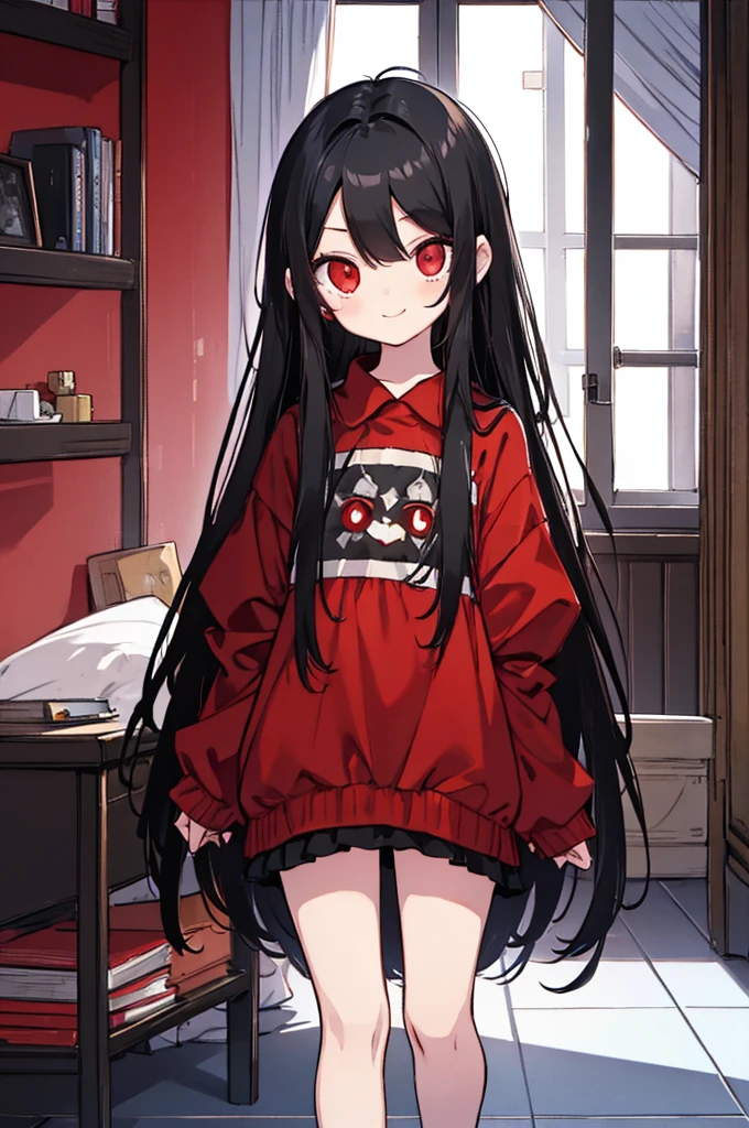 A kid, long straight black hair, long bangs, crimson red eyes, small, cute, short, background in a room, sweet smile and innocent