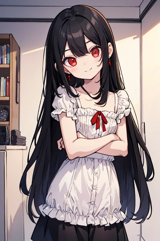 A kid, long straight black hair, long bangs, crimson red eyes, small, cute, short, background in a room, sweet smile and innocent