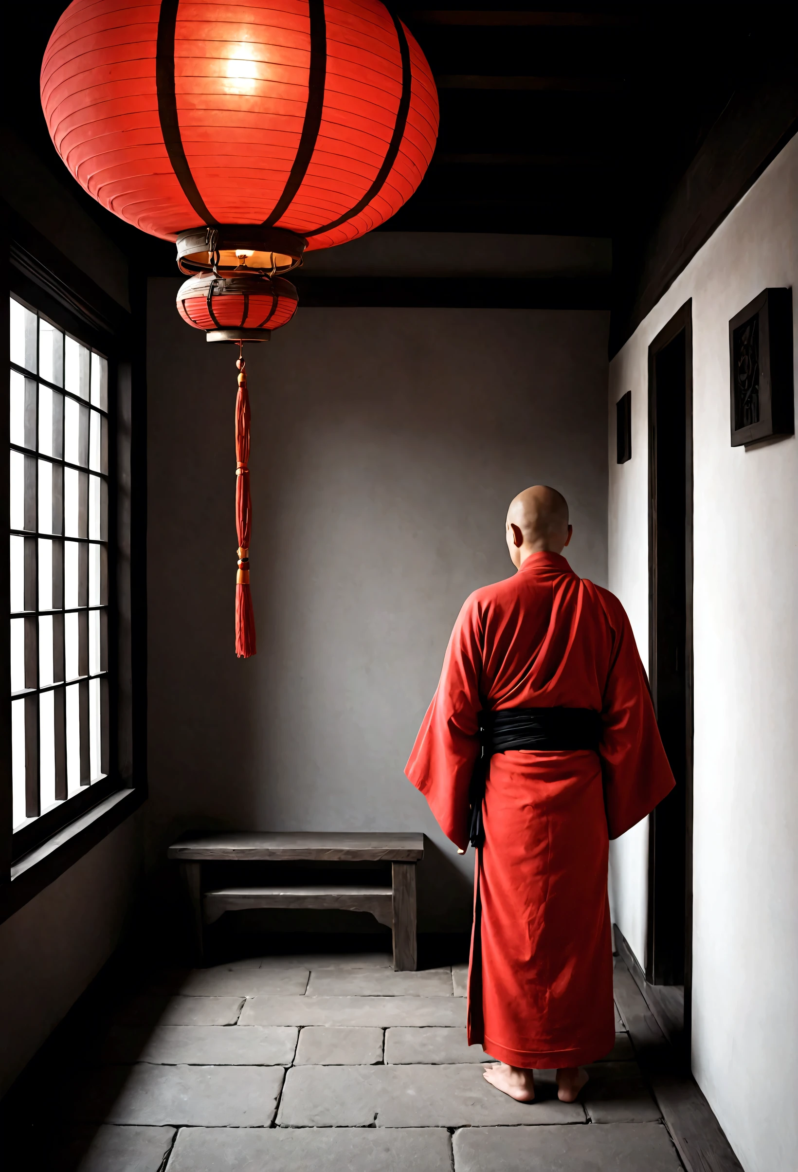 Back，Compassion，Simplicity，Black and white red wall like a raging fire，Monk&#39;s robes look like morning glow，Zen mind is like flying white clouds。
