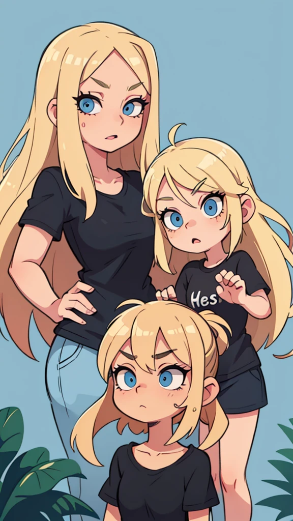 Blonde girl with hair reaching to her shoulder Blue eyes in a black T-shirt Gorgeous eyelashes