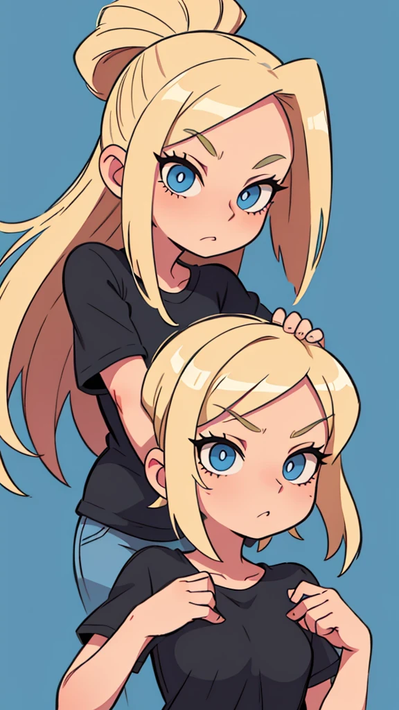 Blonde girl with hair reaching to her shoulder Blue eyes in a black T-shirt Gorgeous eyelashes 