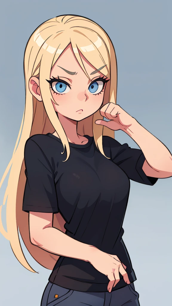 Blonde girl with hair reaching to her shoulder Blue eyes in a black T-shirt Gorgeous eyelashes
