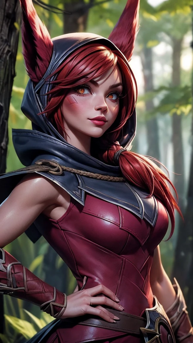 ((best quality)), ((Meisterwerk)), ((Xayah)), (League of legends), ((stehend)), erotischer Pose, (orange eyes), ((Xayah Hoodie)), ((upper body)), Unreal Engine, realistisch, pretty, sexy, young girl, ((red Hair)), Halsband, medium breasts, professionelles Make-up, Cool, sonniger Tag, Tyndall-Effekt, Guter Ray, forrest in the background, draussen, hell, subtle smile,