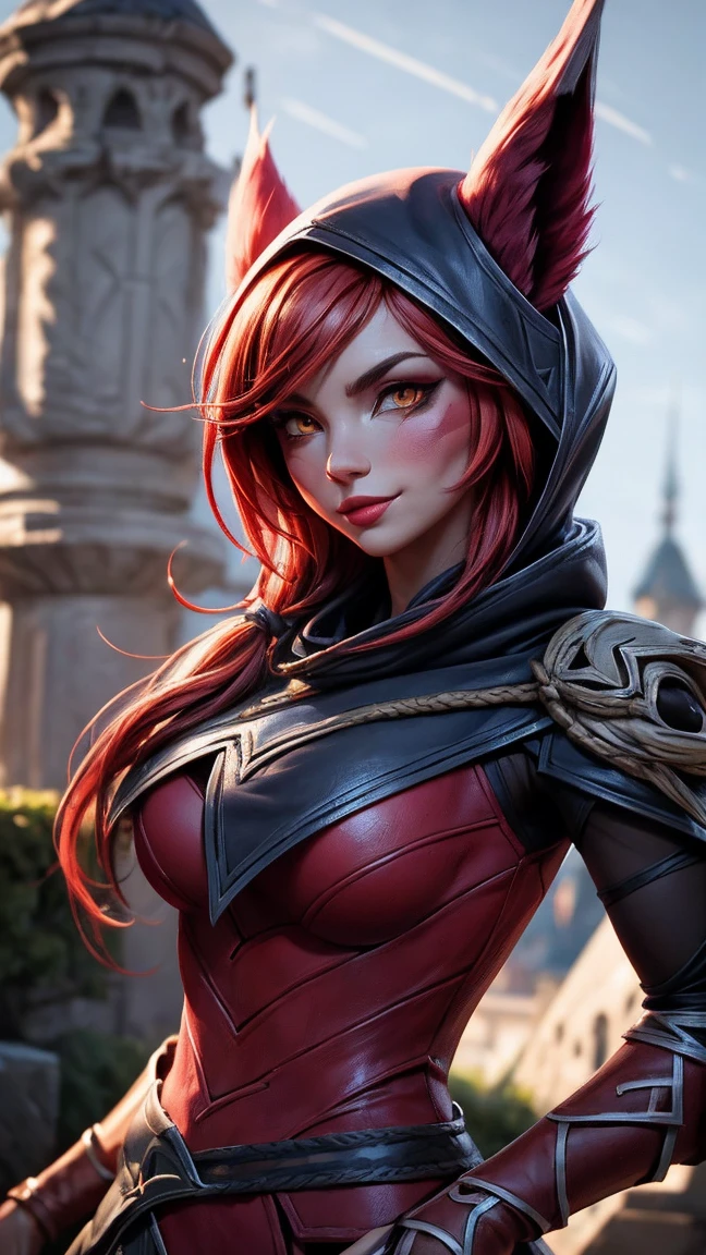 ((best quality)), ((Meisterwerk)), ((Xayah)), (League of legends), ((stehend)), erotischer Pose, (orange eyes), ((Xayah Hoodie)), ((upper body)), Unreal Engine, realistisch, pretty, sexy, young girl, ((red Hair)), Halsband, medium breasts, professionelles Make-up, Cool, sonniger Tag, Tyndall-Effekt, Guter Ray, forrest in the background, draussen, hell, subtle smile,