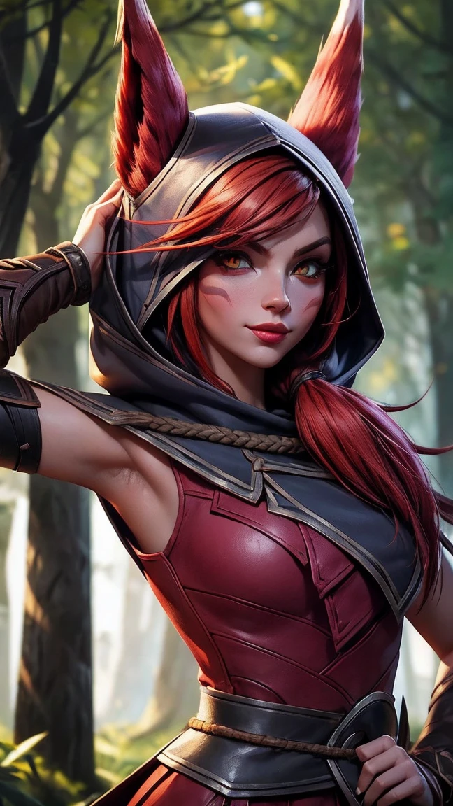 ((best quality)), ((Meisterwerk)), ((Xayah)), (League of legends), ((stehend)), erotischer Pose, (orange eyes), ((Xayah Hoodie)), ((upper body)), Unreal Engine, realistisch, pretty, sexy, young girl, ((red Hair)), Halsband, medium breasts, professionelles Make-up, Cool, sonniger Tag, Tyndall-Effekt, Guter Ray, forrest in the background, draussen, hell, subtle smile,