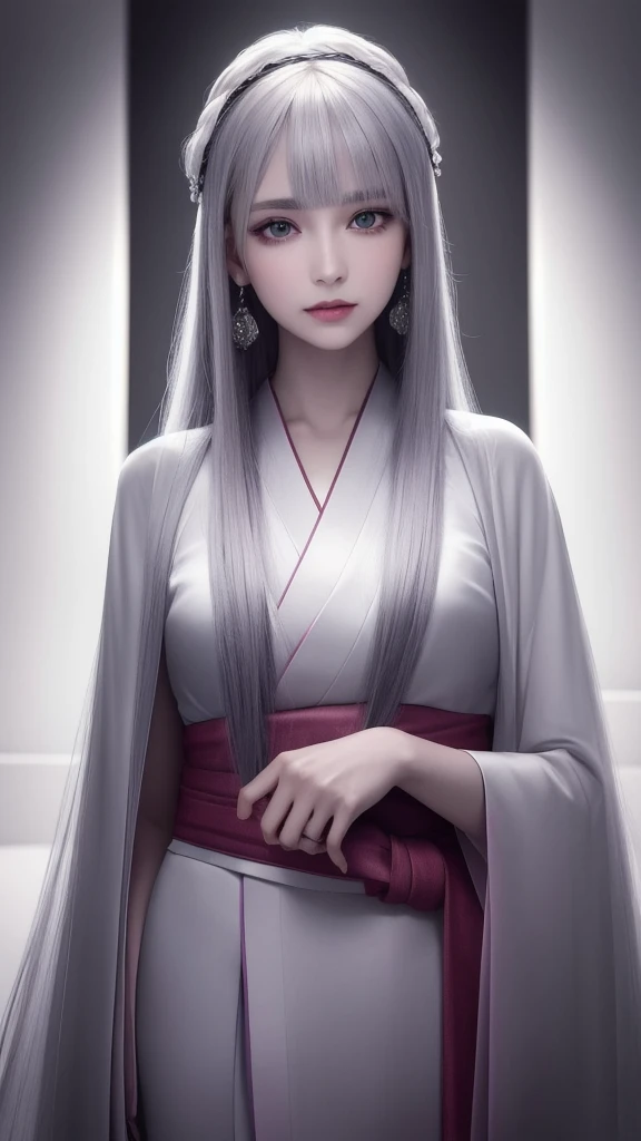 (masterpiece, top quality, 1 female, solo, exquisite details, chromatic aberration), (realistic), (skin), ((breath)), (silver hair, blunt bangs, long straight hair), exquisite hair, red headdress, blue highlights, hair over one eye, purple eyes, earrings, piercing eyes, ((pink and white kimono)), ((symmetrical eyes)), ((perfectly symmetrical body)), (pureerosface_v1:0.3), night, (((natural light))), backlit, grey wall, dim lighting, facing towards viewer, ((central shot, from the front, (face and waist))), mysterious atmosphere