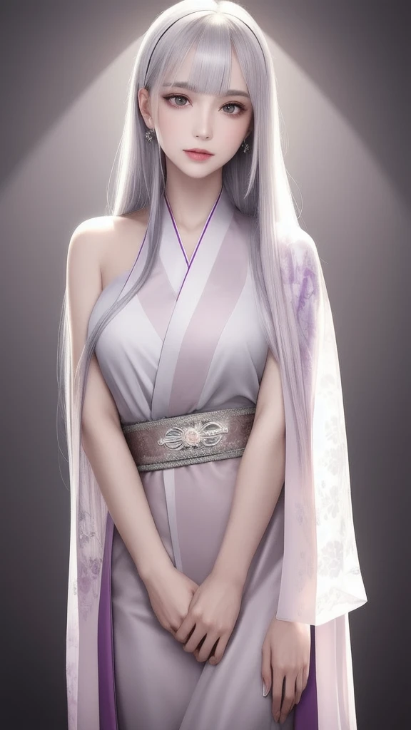 (masterpiece, top quality, 1 female, solo, exquisite details, chromatic aberration), (realistic), (skin), ((breath)), (silver hair, blunt bangs, long straight hair), exquisite hair, red headdress, blue highlights, hair over one eye, purple eyes, earrings, piercing eyes, ((pink and white kimono)), ((symmetrical eyes)), ((perfectly symmetrical body)), (pureerosface_v1:0.3), night, (((natural light))), backlit, grey wall, dim lighting, facing towards viewer, ((central shot, from the front, (face and waist))), mysterious atmosphere