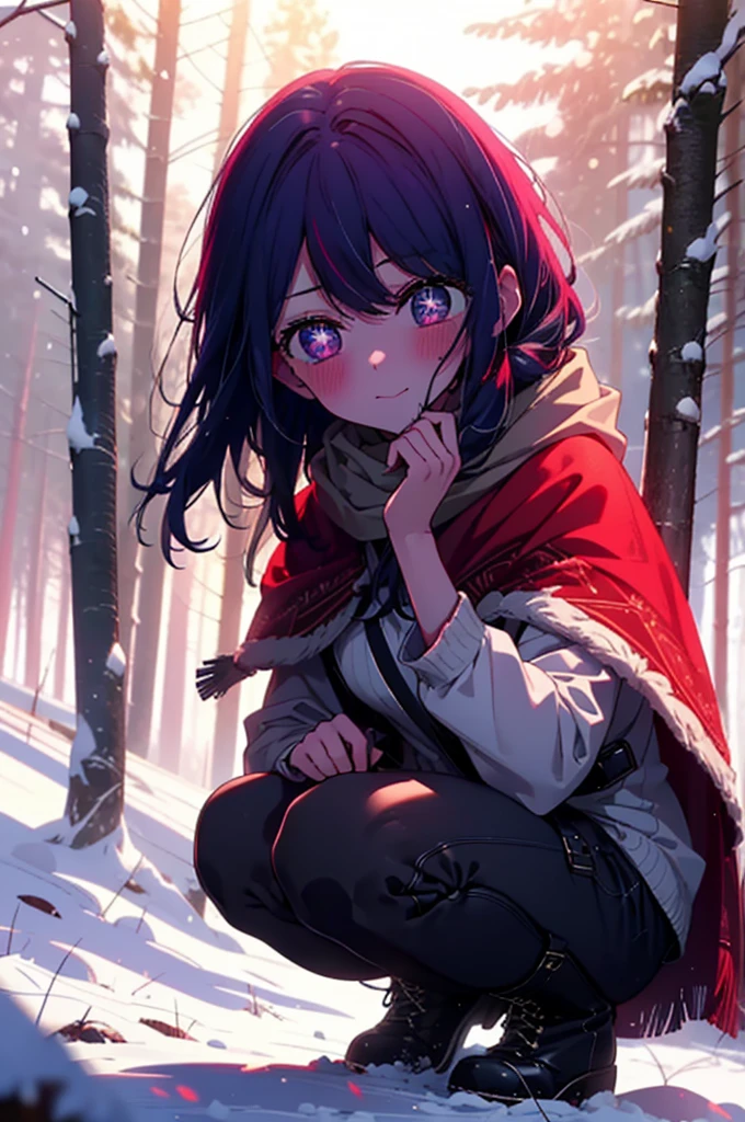 aihoshino, ai hoshino, Long Hair, bangs, (Purple eyes:1.1), Purple Hair, (Symbol-shaped pupil:1.5), smile,,smile,blush,White Breath,
Open your mouth,snow,Ground bonfire, Outdoor, boots, snowing, From the side, wood, suitcase, Cape, Blurred, , forest, White handbag, nature, Squat, Mouth closed, Cape, winter, Written boundary depth, Black shoes, red Cape break looking at viewer, Upper Body, whole body, break Outdoor, forest, nature, break (masterpiece:1.2), Highest quality, High resolution, unity 8k wallpaper, (shape:0.8), (Beautiful and beautiful eyes:1.6), Highly detailed face, Perfect lighting, Extremely detailed CG, (Perfect hands, Perfect Anatomy),