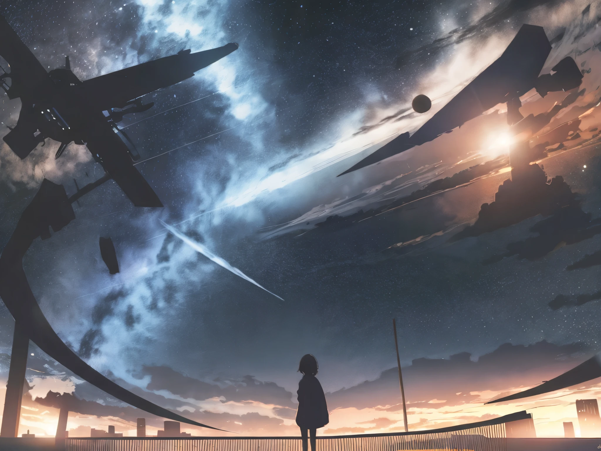 anime,silhouette,One girl, headphone、Back view、blonde、Grab the microphone、sing、star (null), cloud, cityscape, building, city, Outdoor, nullscraper, city lights, night, night null, sunset, nullline,night、dark