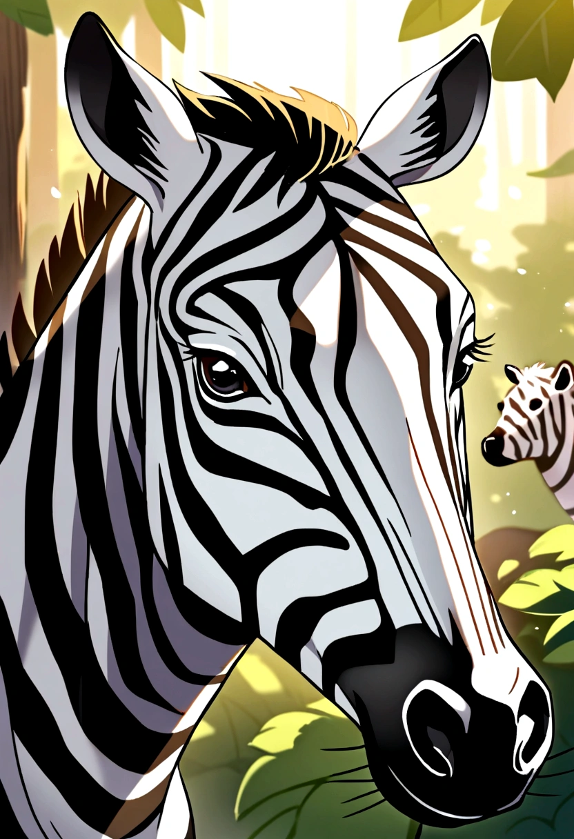 closeup, animals portrait, zebra, bear, forest in the background