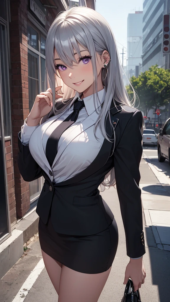 (masterpiece:1.2, top-quality), (realistic, photorealistic:1.4), beautiful illustration, (natural side lighting, movie lighting),
looking at viewer, cowboy shot, front view, 1 girl, japanese, high school girl, perfect face, cute and symmetrical face, shiny skin, babyface,
(long hair, straight hair, silver hair), hair between eyes, purple eyes, (middle breasts, seductive thighs, big ass), piercings,
beautiful hair, beautiful face, beautiful detailed eyes, beautiful clavicle, beautiful body, beautiful chest, beautiful thigh, beautiful legs, beautiful fingers,
((long sleeves, white collared shirt, black suit jacket, black pencil mini skirt), id card, strap, black high heels),
(beautiful scenery), evening, park, walking, (lovely smile, upper eyes), big tits, ((high resolution face)), plump, (ass)