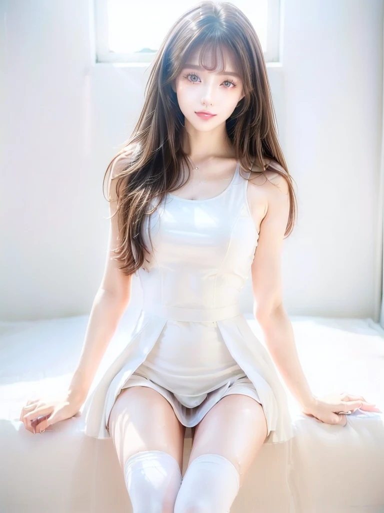 (Highest quality、masterpiece:1.9)、((Neat and clean female college student、1 person))、Soft lighting by a professional photographer、Natural light、((Very spacious white luxurious room:1.6))、((Bright white room:1.6))、(Sitting cross-legged on a very luxurious white bed:1.2)、(White Bookcase:1.1)、Natural soft light、((Brown Hair:1.1))、bangs、Detailed Eyes、double eyelid、((Small Face:1.0))、((Lace dress、mini skirt、Please wear it with the chest open.:1.1))、(smile)、((Girly pose 1.8))、High resolution,、((Long Hair:1.2))、((Full Body Shot:1.2))、Live-action image quality、((Height: 165cm))、Hands in front、Hide your hands between your legs、(bangs:1.1)、