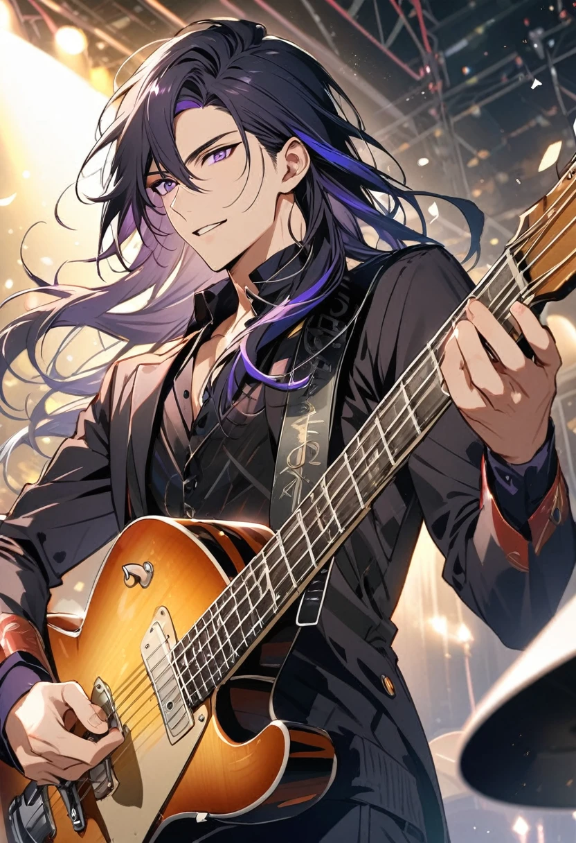 male, handsome, parted bang, long hair, navy hair, musician, purple eyes, music notes,