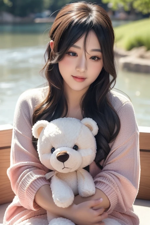 1girl walking on the river, mix4, sweater, pillow, lips, open_mouth, realistic, photo_\(medium\), solo, stuffed_animal, stuffed_toy, teddy_bear, (masterpiece), (realism: 1.3), super detailed, (High detail skin: 1.2), (Best quality: 1.0), (Ultra resolution: 1.0), (ULZZANG-6500: 0.3), wavy detail hair, long hair, sunshine, (beautiful detail makeup), (sexually aroused blush, heavy breath: 1.0), floral theme petals scattered, (soft light bloom: 0.5)