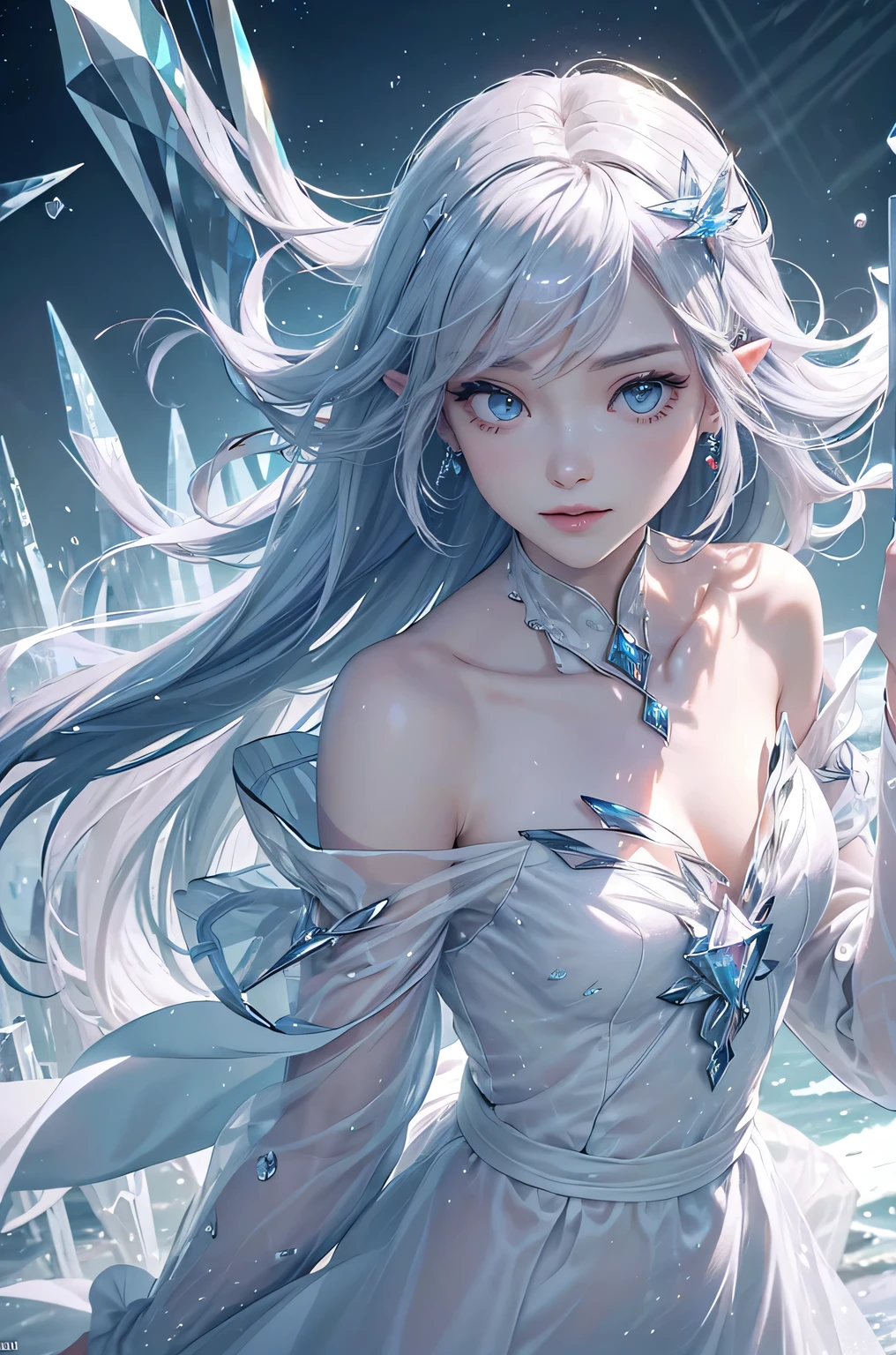 (masterpiece、Highest quality、Highest、Official Art、Beautiful and aesthetic、Long Exposure:1.2)、Smooth movement、Attractive patterns、One Girl、(Long dress with sleeves:1.3)、(((White clothes)))、Upper body close-up、Exposing shoulders、Korean Girls、smile、Light purple long hair、Portraiture、solo、Upper body、Looking at the observer、Detailed Background、Detailed face、(Crystallized AI、Crystal Theme:1.1)、Elemental Wind Elf、Rotating Wind、 Wind、White crystal clothes、Off the shoulder、Dynamic pose、Suspended particles、Aether Dynamics、Wind、vapor、背景にWind、White Tone、Wind、Ethereal atmosphere、
