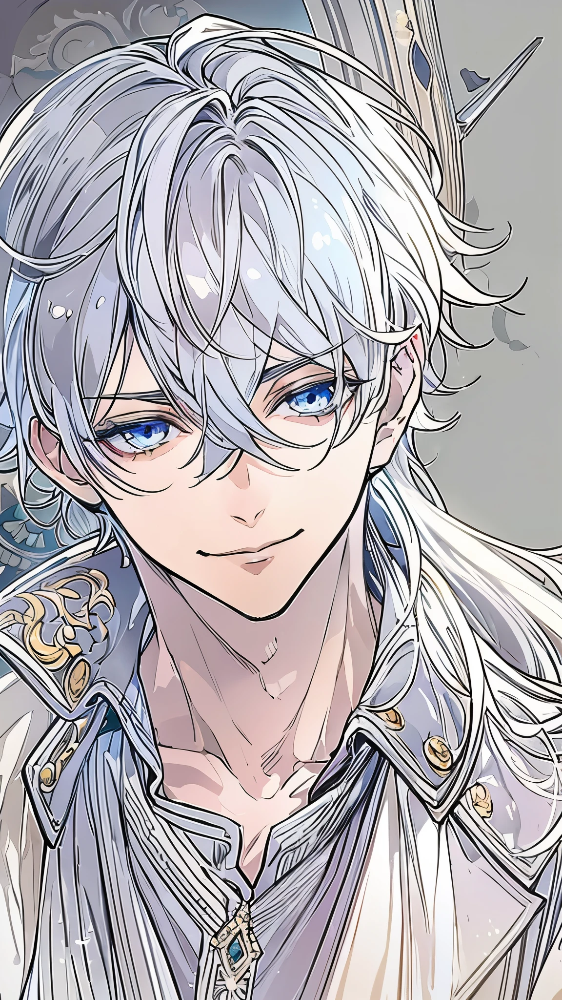 ((Highest quality)), ((masterpiece)), (detailed), Clear line drawing, Transparent watercolor, Clear shading, Anime, Beautiful young man, Silver hair, Handsome, High quality, amount of drawing, pixiv illustration, a male, smile