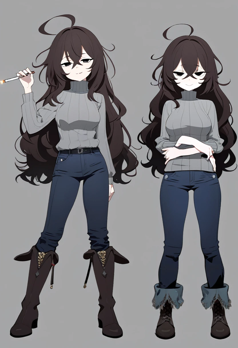 One Woman,Downer,older sister,Concept Art,Dark brown hair,Straight hair with slight inward curls,Staring eyes,Eye Ridge,black eye,Crossed bangs,whole body,smile,Slightly larger ,Gray background,Bangs that reach down to the eyes,Messy hair,Tight dark jeans,Gray turtleneck sweater,Multiple views of the same character,Character Design,Dark circles under the eyes,Bad look,Listless,Sloppy,Silver Jewelry,Cafe staff,Holding a cigarette,whole bodyCharacter Design,Detailed hands,Height: 170cm,boots,fleshy,