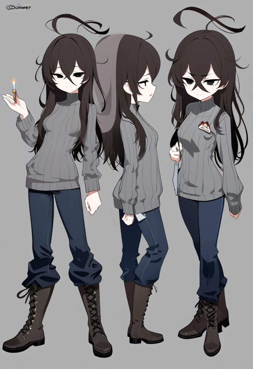 One Woman,Downer,older sister,Concept Art,Dark brown hair,Straight hair with slight inward curls,Staring eyes,Eye Ridge,black eye,Crossed bangs,whole body,smile,Slightly larger breasts,Gray background,Bangs that reach down to the eyes,Messy hair,Tight dark jeans,Gray turtleneck sweater,Multiple views of the same character,Character Design,Dark circles under the eyes,Bad look,Listless,Sloppy,Silver Jewelry,Cafe staff,Holding a cigarette,whole bodyCharacter Design,Detailed hands,Height: 170cm,boots,fleshy,