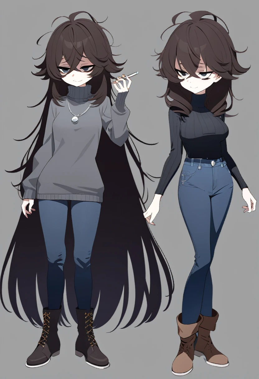 One Woman,Downer,older sister,Concept Art,Dark brown hair,Straight hair with slight inward curls,Staring eyes,Eye Ridge,black eye,Crossed bangs,whole body,smile,Slightly larger breasts,Gray background,Bangs that reach down to the eyes,Messy hair,Tight dark jeans,Gray turtleneck sweater,Multiple views of the same character,Character Design,Dark circles under the eyes,Bad look,Listless,Sloppy,Silver Jewelry,Cafe staff,Holding a cigarette,whole bodyCharacter Design,Detailed hands,Height: 170cm,boots,fleshy,