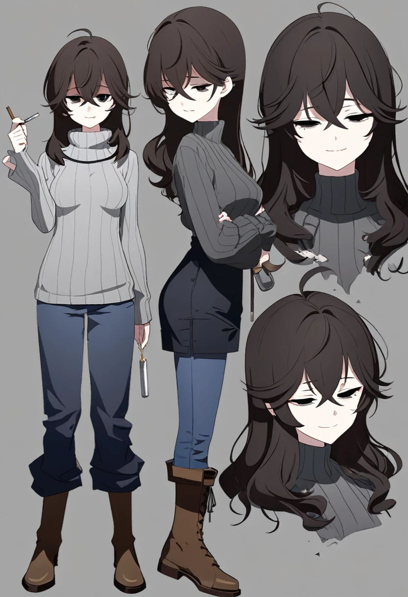 One Woman,Downer,older sister,Concept Art,Dark brown hair,Straight hair with slight inward curls,Staring eyes,Eye Ridge,black eye,Crossed bangs,whole body,smile,Slightly larger breasts,Gray background,Bangs that reach down to the eyes,Messy hair,Tight dark jeans,Gray turtleneck sweater,Multiple views of the same character,Character Design,Dark circles under the eyes,Bad look,Listless,Sloppy,Silver Jewelry,Cafe staff,Holding a cigarette,whole bodyCharacter Design,Detailed hands,Height: 170cm,boots,fleshy,