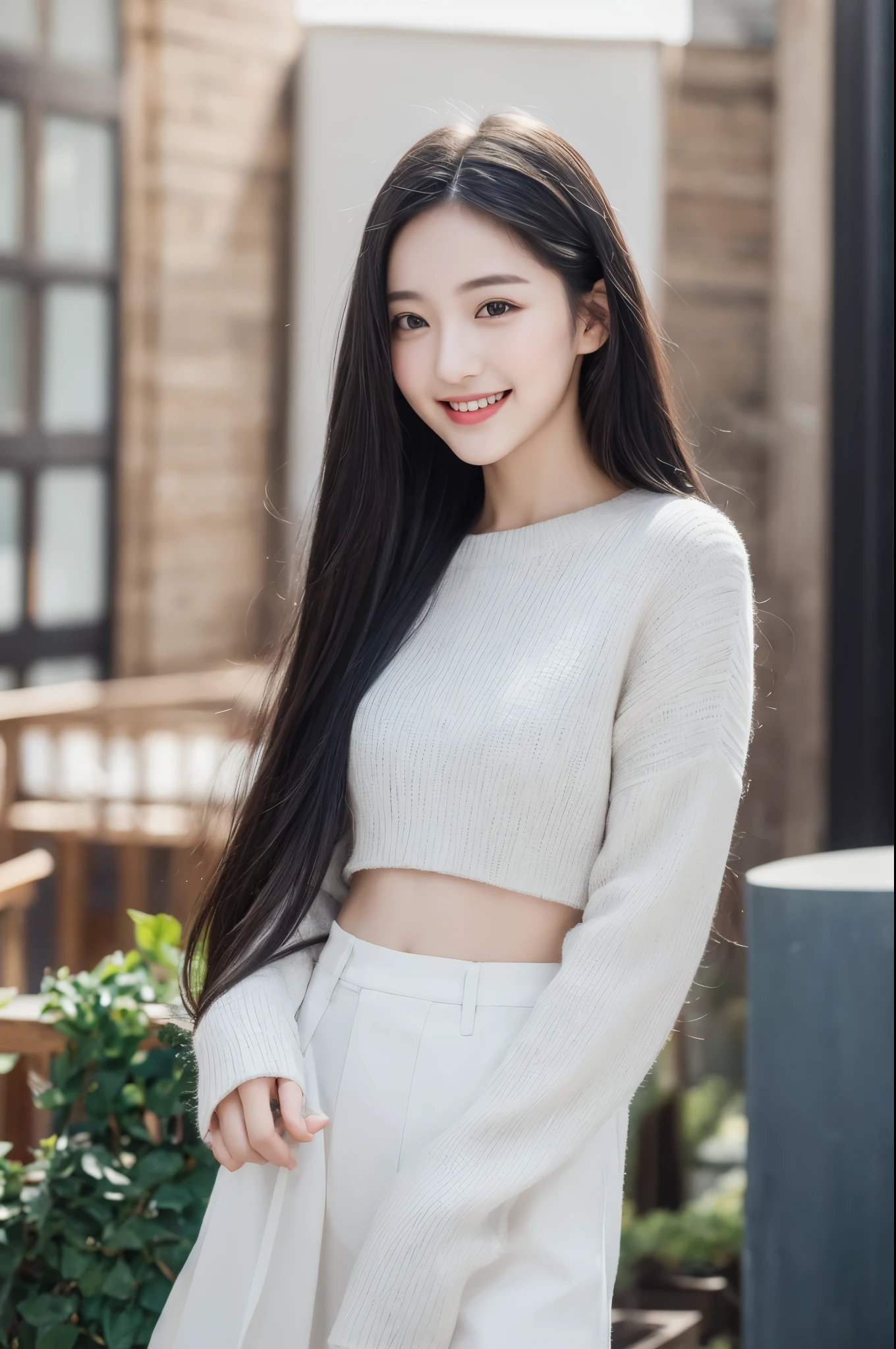 a beautiful 22-year-old girl with gray eyes, pale white skin, slim figure, smiling, long black hair, fashionable outfit, high quality photo taken with an ultra-realistic professional camera, photorealistic, 8k, highly detailed, warm lighting, cinematic composition, elegant, serene, captivating expression