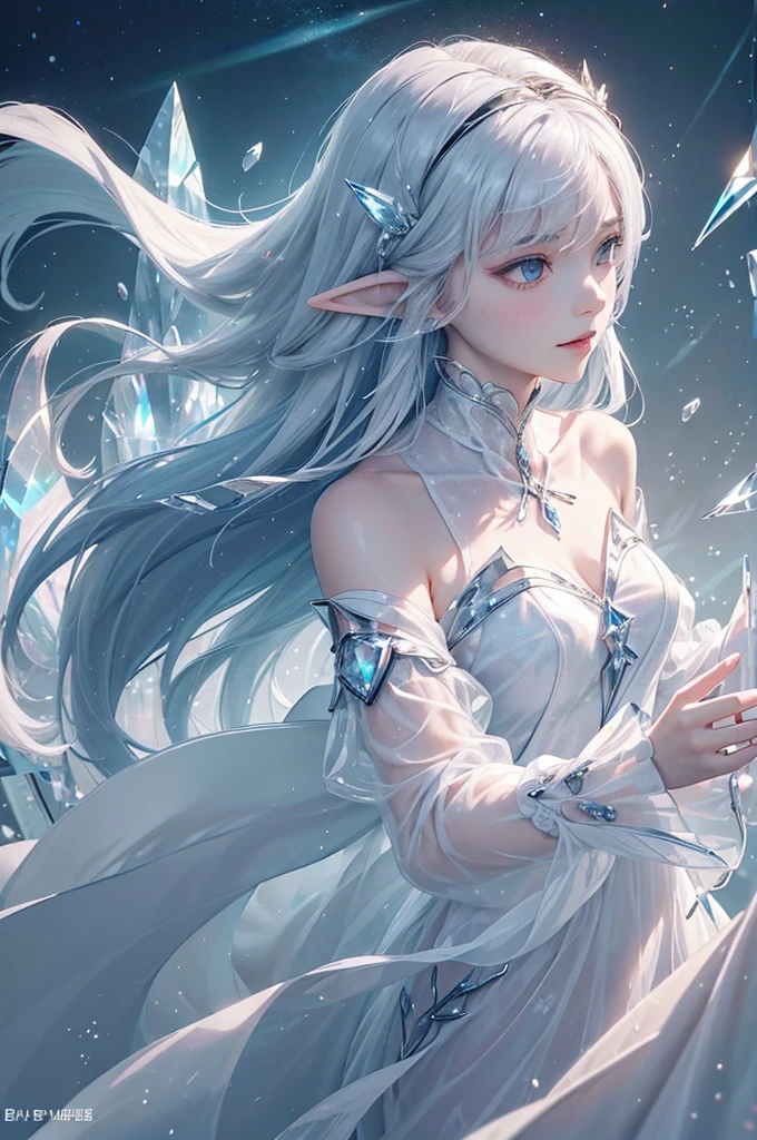 (masterpiece、Highest品質、Highest、Official Art、Beautiful and aesthetic、Long Exposure:1.2)、Smooth movement、Attractive patterns、One Girl、(Long dress with sleeves:1.3)、(((White clothes)))、Upper body close-up、Exposing shoulders、Korean Girls、smile、Light purple long hair、Portraiture、solo、Upper body、Looking at the observer、Detailed Background、Detailed face、(Crystallized AI、Crystal Theme:1.1)、Elemental Wind Elf、回転Wind、 Wind、White crystal clothes、Off the shoulder、Dynamic pose、Suspended particles、Aether Dynamics、旋Wind、vapor、背景に旋Wind、White Tone、旋Wind、Ethereal atmosphere、
