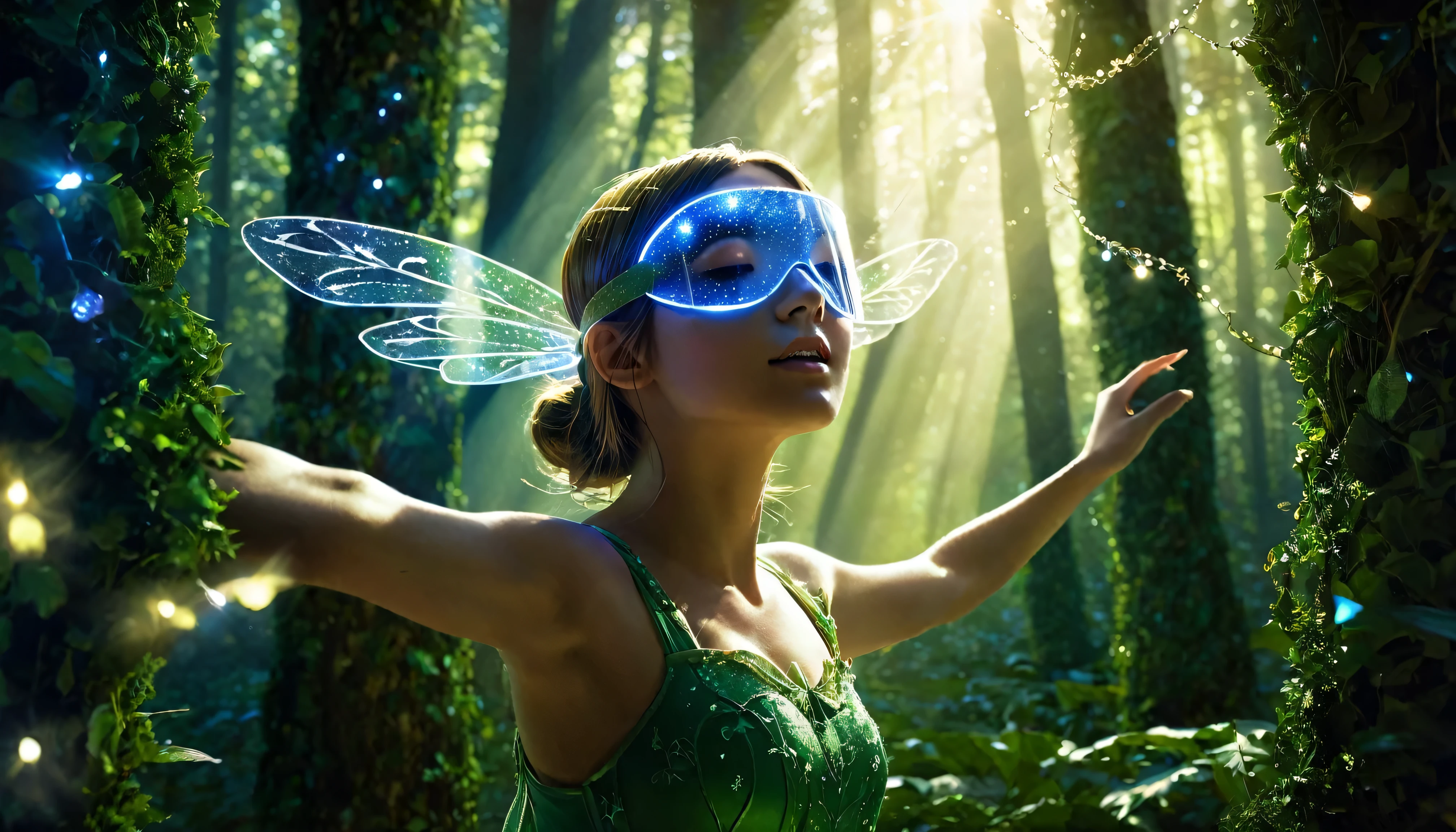 masterpiece, 1 Fairy, Flying fairy girl, Perfect Face, Light, Glass Tree Forest, Dramatic lighting, Blindfold, Super detailed, floating glow Lights, Depth of written boundary, (Shining Dust)