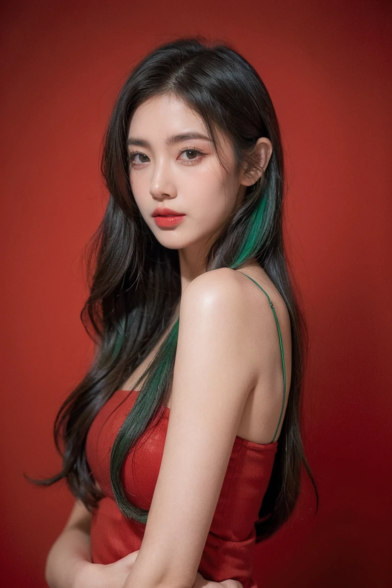 21yo girl, green hair, red background,