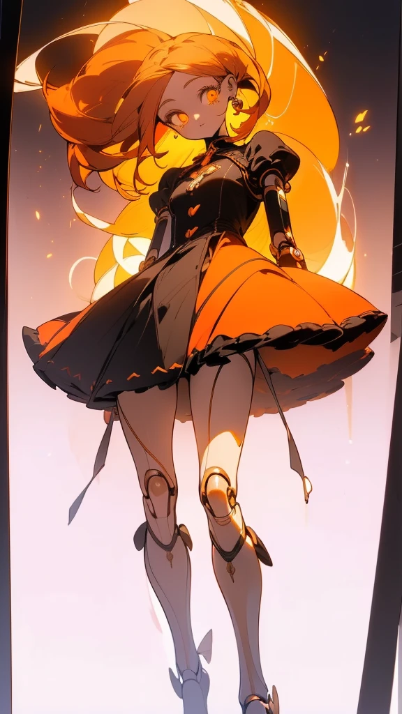 ((((Obra maestra La mejor calidad, ultrahigh resolution)))), 1girl, fiery, standing, (((doll knees, doll elbows, ((doll joints:1.2, action figure limbs:1.2, segmented body))), [mechanical body], (segmented waist), (doll waist), (orange hair, dark orange hair over eye:1), long hair cut, pale skin, ((brown eyes)), ((glowing_eyes)), (((ultra detailed eyes:0.7, beautiful and detailed face, detailed eyes:0.9))), ((centered)), (wide shot), facing viewer, (((outdoors, darkness, falling leaves:0.9))), medium breasts, looking at viewer, ((half closed eyes)), ((perfect hands)), (((head:1, arms, hips in view, elbows, thighs, in view))), ((hands at sides)), lively eyes, beautiful lighting, outside, outdoors, background, ((defined subject)), 25 years old, (head tilt), (((cool))), ((lively)), (((high contrast)))