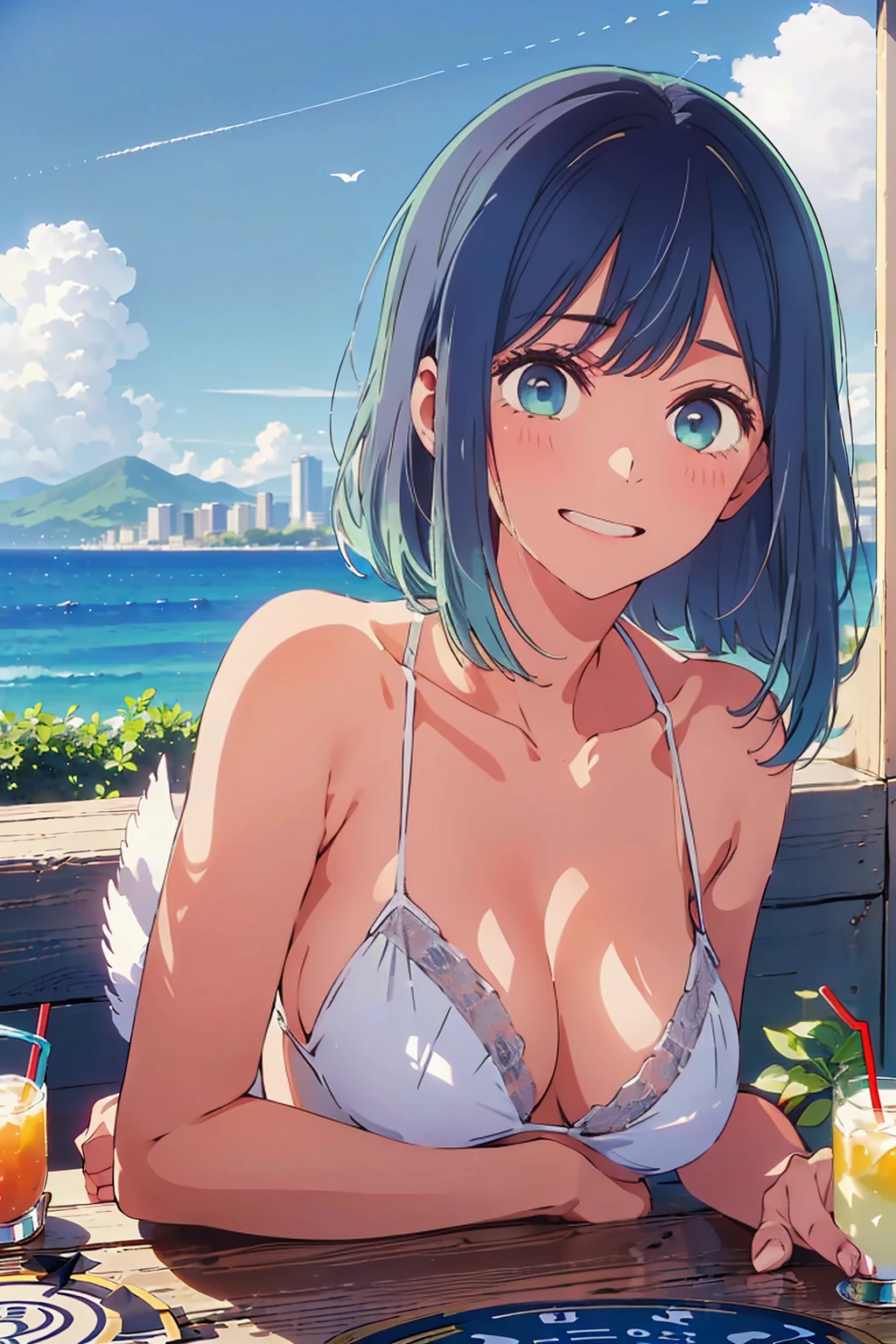 Highest quality,8k,detailed,F cup bust、Big Breasts、Slim and beautiful arms、Slim body、Very white beautiful skin、((((1 person、smile、Thin white bikini、smile、sit、In the background are the urban buildings of Tokyo、Outdoor café terrace、Drink juice、Cheek resting on hand、coastal、table、looking at the camera、Shooting from an angle、Very cute face、Shooting from a distance、Navy hair color))))、Sexy pose、Very blue sky、A completely cloudless sky、She tilted her head slightly、The atmosphere is bright and lively、The woman is at the center of the image。