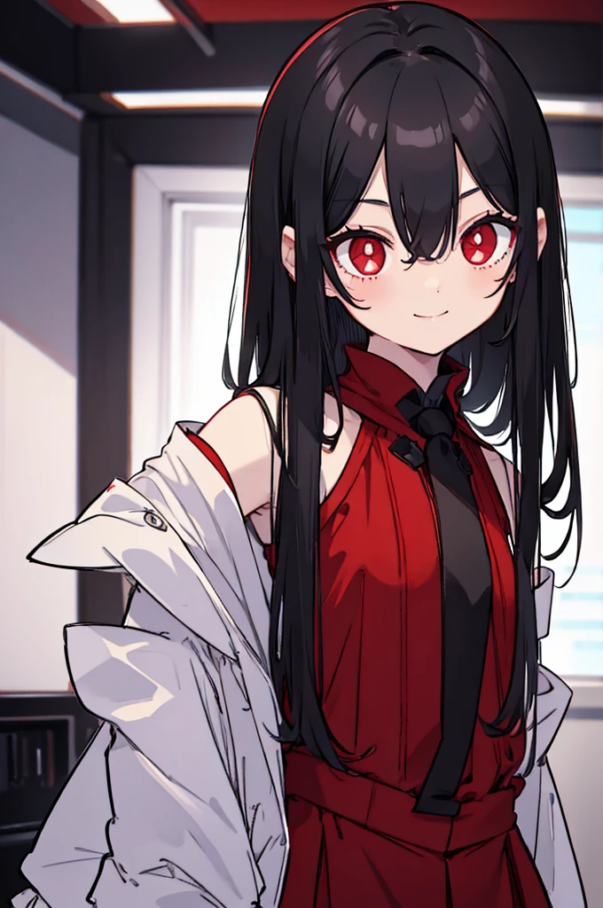 A kid, long straight black hair, long bangs, crimson red eyes, star shaped pupils, small, cute, short, background in a room, sweet smile and innocent