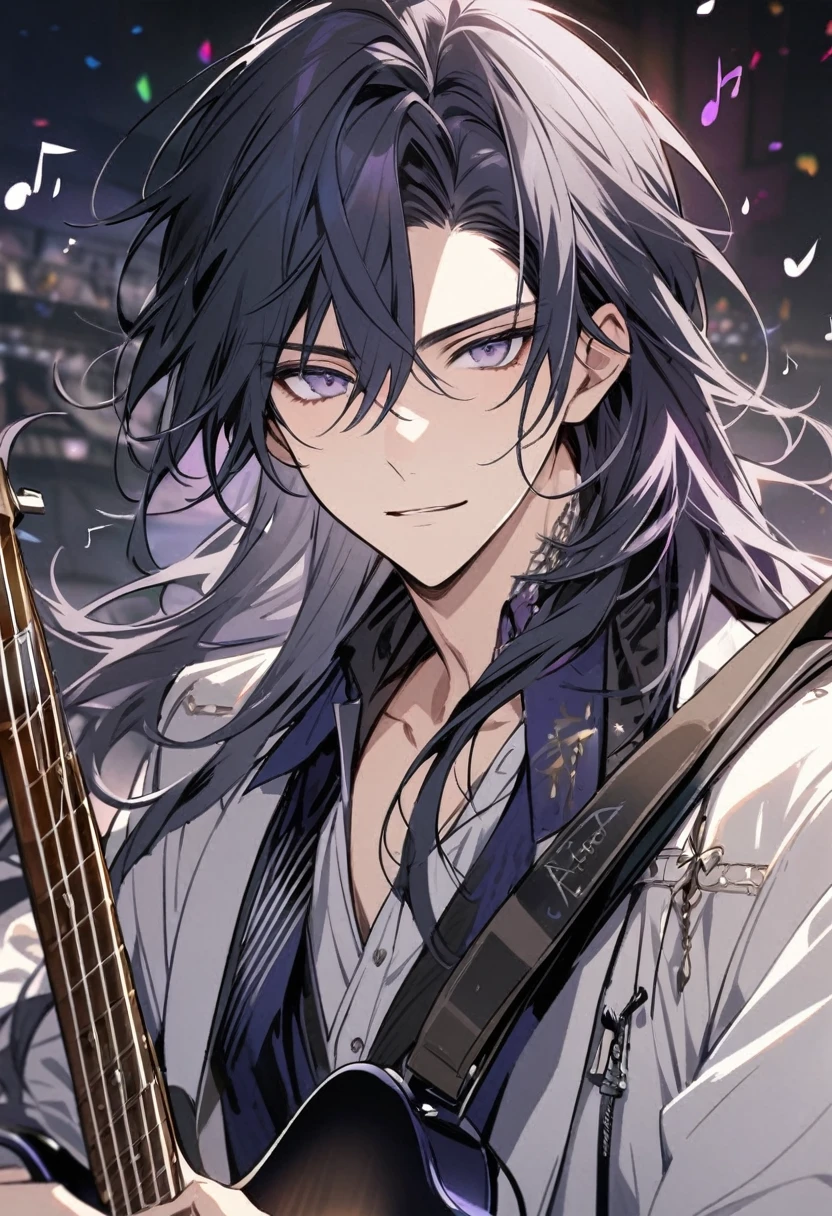 male, handsome, parted bang, long hair, navy hair, musician, purple eyes, music notes, grey eyes
