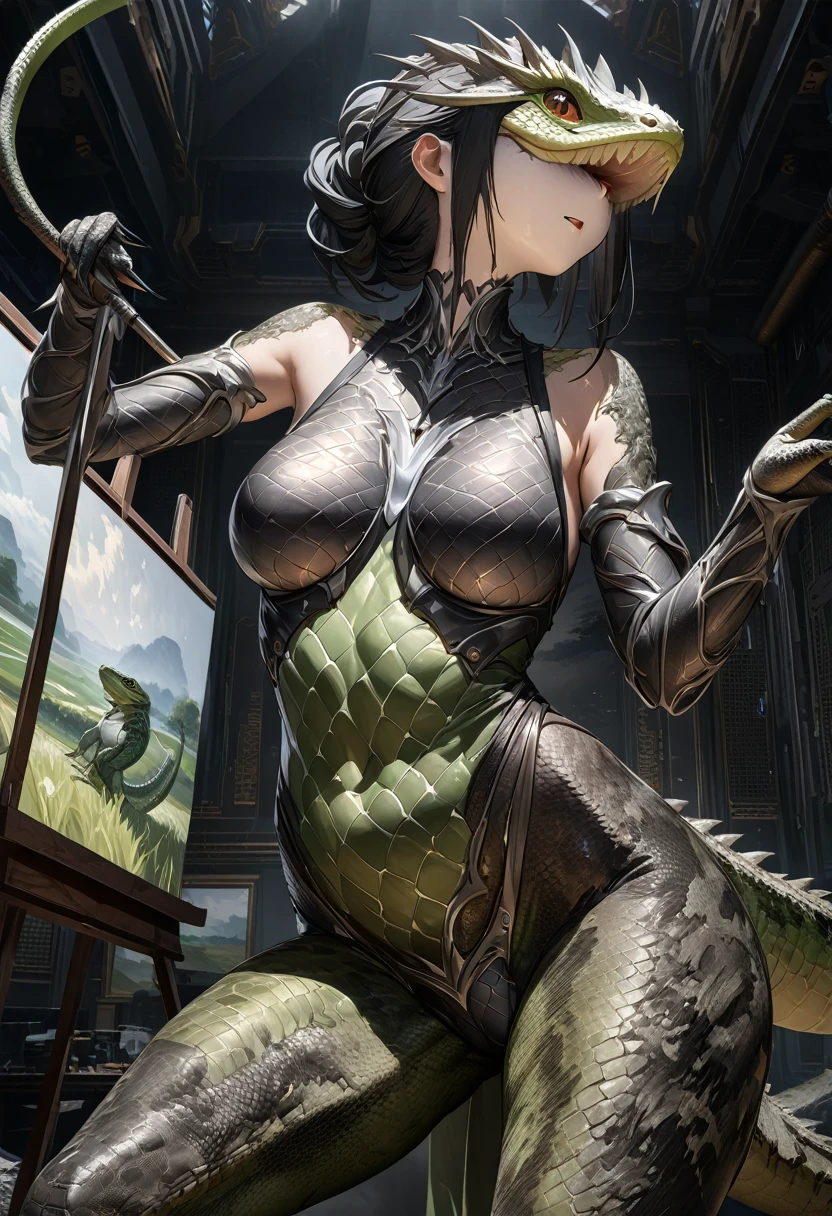 ((Highest quality、unity 8k wallpaper、32K、masterpiece、Very detailed、Ultra-high resolution、Ultra-high resolution、 Very detailedな顔, RAW Photos, Professional, Ultra-fine painting, Fine metal texture, Genuine)) Kotegawa Yui morphing into lizardwomen, Long tail、Densely-packed scales on the limbs、Long fingernails、There are fine scales growing on the chest、Full-fledged udder、