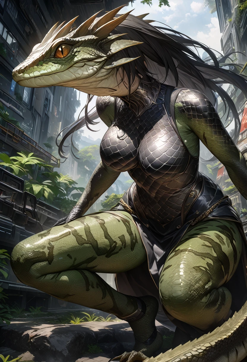 ((Highest quality、unity 8k wallpaper、32K、masterpiece、Very detailed、Ultra-high resolution、Ultra-high resolution、 Very detailedな顔, RAW Photos, Professional, Ultra-fine painting, Fine metal texture, Genuine)) Kotegawa Yui morphing into lizardwomen, Long tail、Densely-packed scales on the limbs、Long fingernails、There are fine scales growing on the chest、Full-fledged udder、