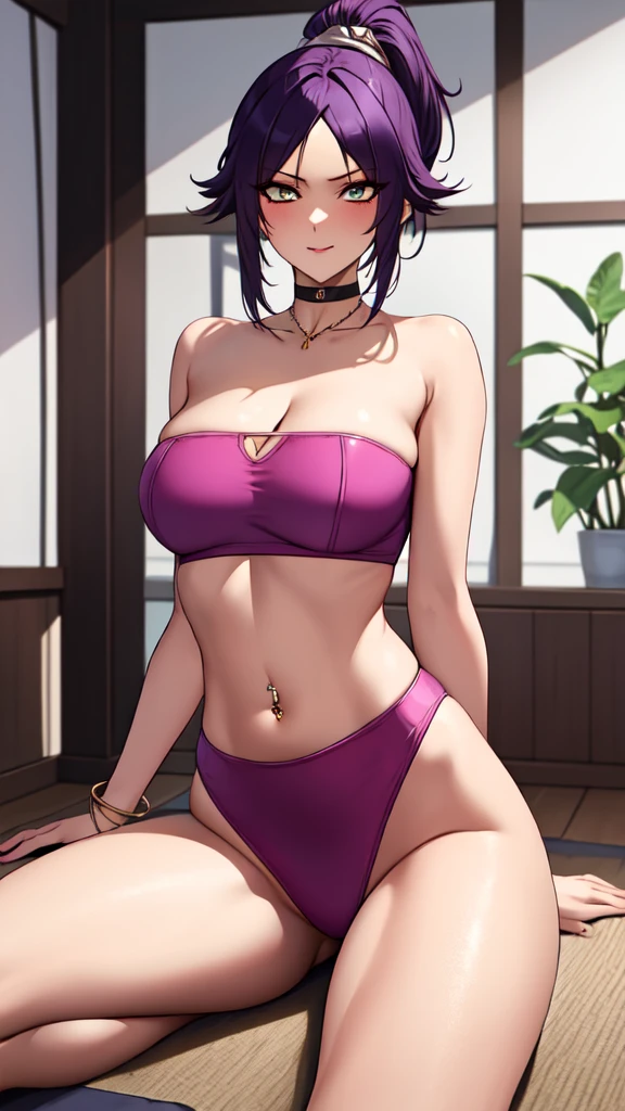 masterpiece, strapless leotard, best quality, very aesthetic, absurdres, newest, ai-generated, detailed background, indoors day, yoga studio, looking at viewer, (perfect eyes), midriff, navel piercing, spike bracelets, makeup, flats, skindentation, thighs, (cleavage), choker necklace, highleg pink cheeky, AddXL, Yoruichi