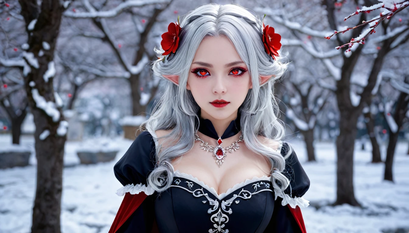{{masterpiece}},Highest quality,Very detailed,Very detailed CG ユニティ 8k 壁紙,An illustration, One girl, Red eyes, Wavy silver hair, Pointed Ears, vampire, dress, necklace, Hair Flowers, snow, ice, whole body, shot,High Close-up, Very detailed,Center Frame,Sharp focus, View your viewers, Floating Hair,
