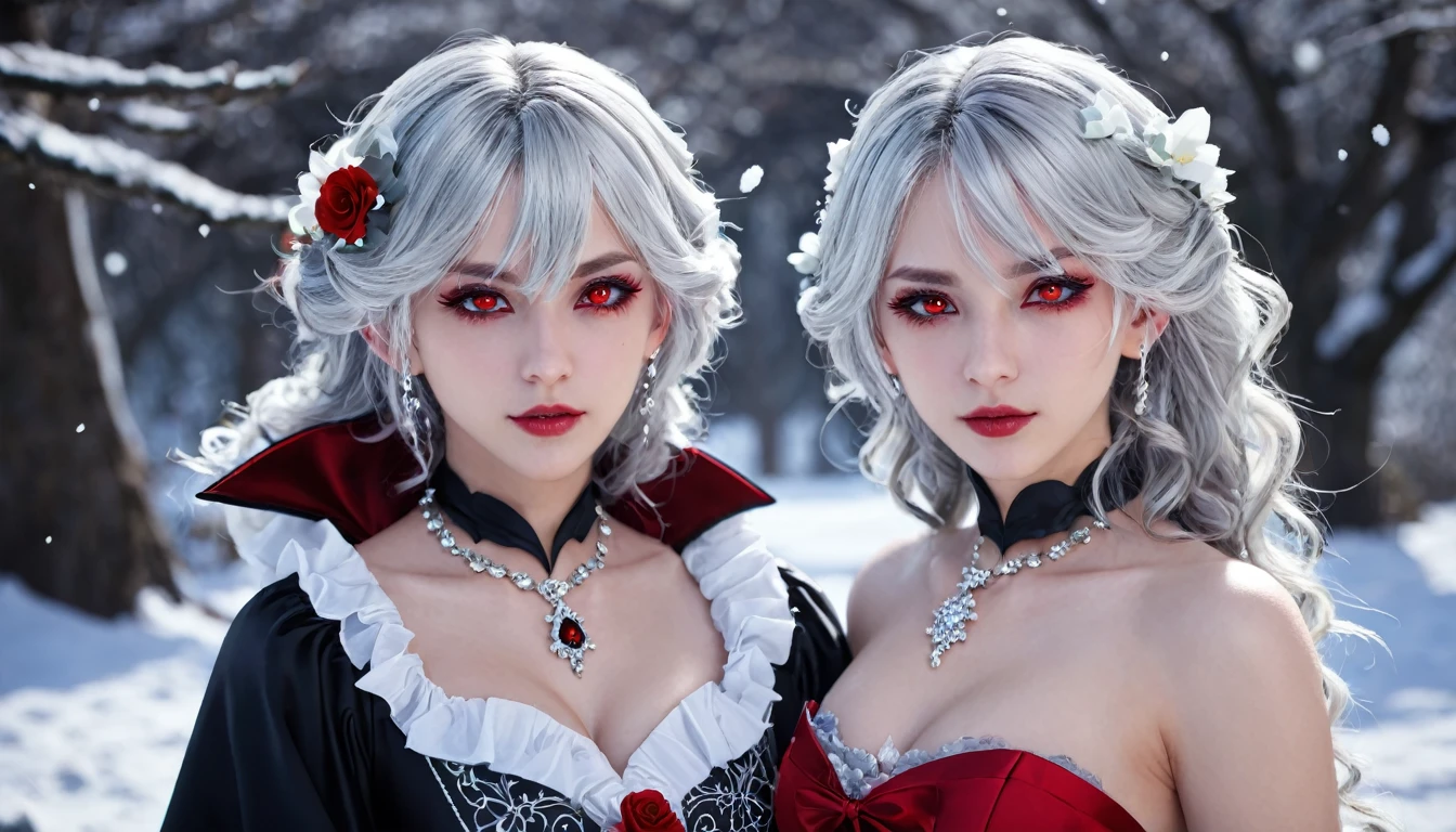 {{masterpiece}},Highest quality,Very detailed,Very detailed CG ユニティ 8k 壁紙,An illustration, One girl, Red eyes, Wavy silver hair, Pointed Ears, vampire, dress, necklace, Hair Flowers, snow, ice, whole body, shot,High Close-up, Very detailed,Center Frame,Sharp focus, View your viewers, Floating Hair,