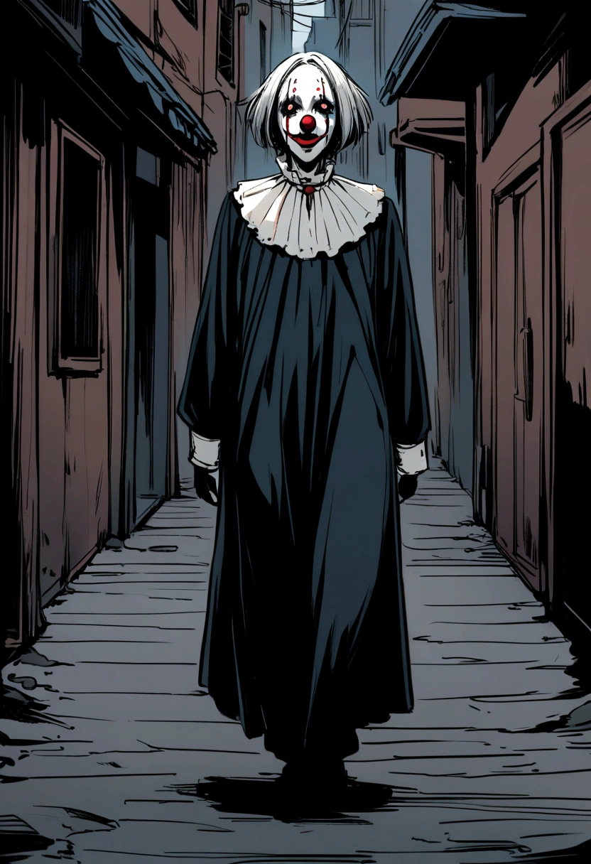 a horror clown is walking in a dark street