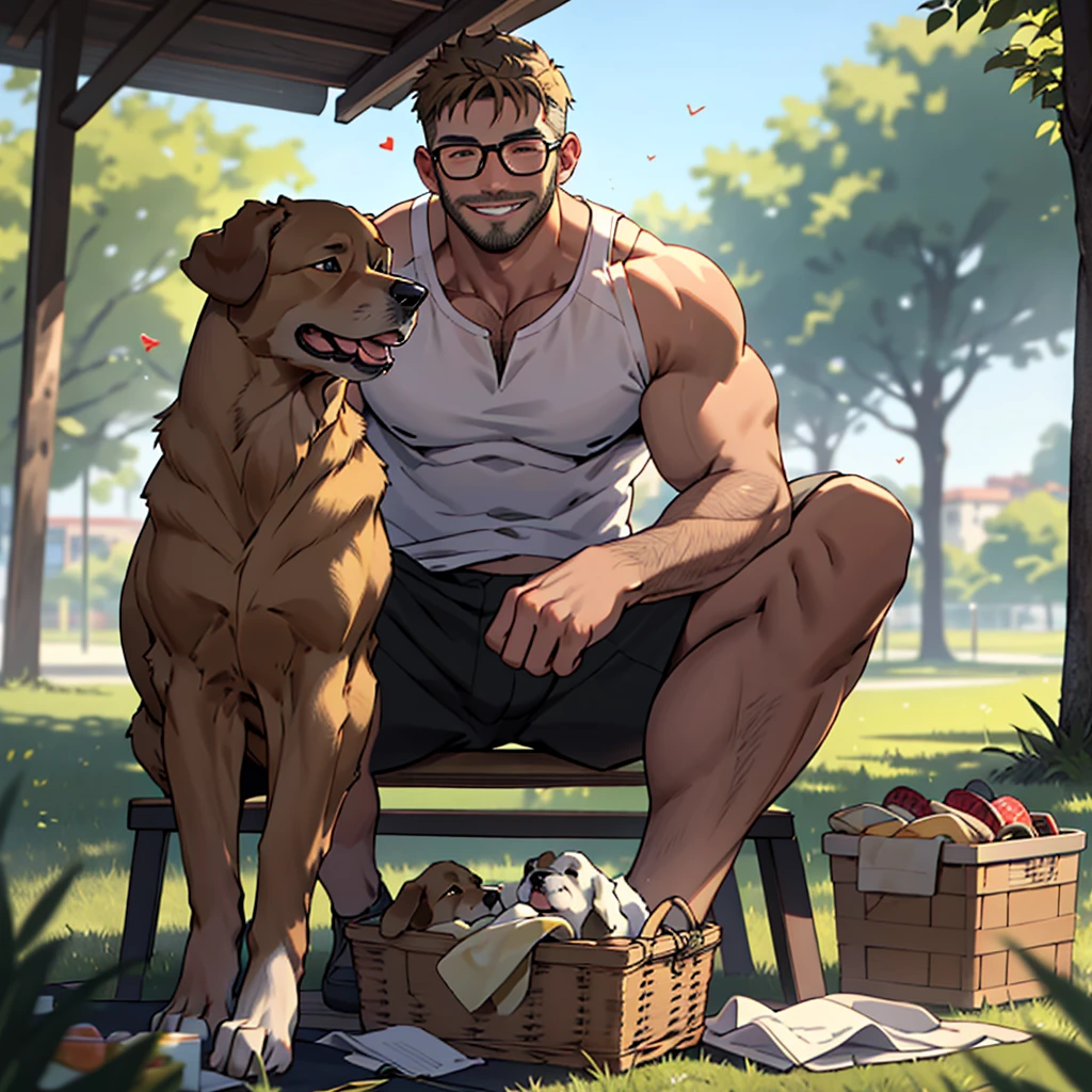 a man with a dark blond beard , a golden retriever dog sitting near him, the man wearing glasses, green tanktop,white short in a park, the man sitting on a table cloth near picnic basket , the high well detailed, face focus, happy smile, happy dog, heart-warming, seen from the front to side