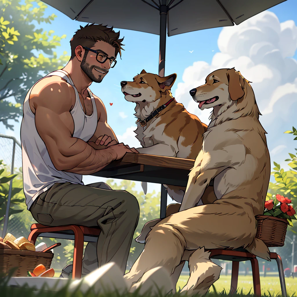 a man with a dark blond beard , a golden retriever dog sitting near him, the man wearing glasses, green tanktop,white short in a park, the man sitting on a table cloth near picnic basket , the high well detailed, face focus, happy smile, happy dog, heart-warming, seen from the front to side