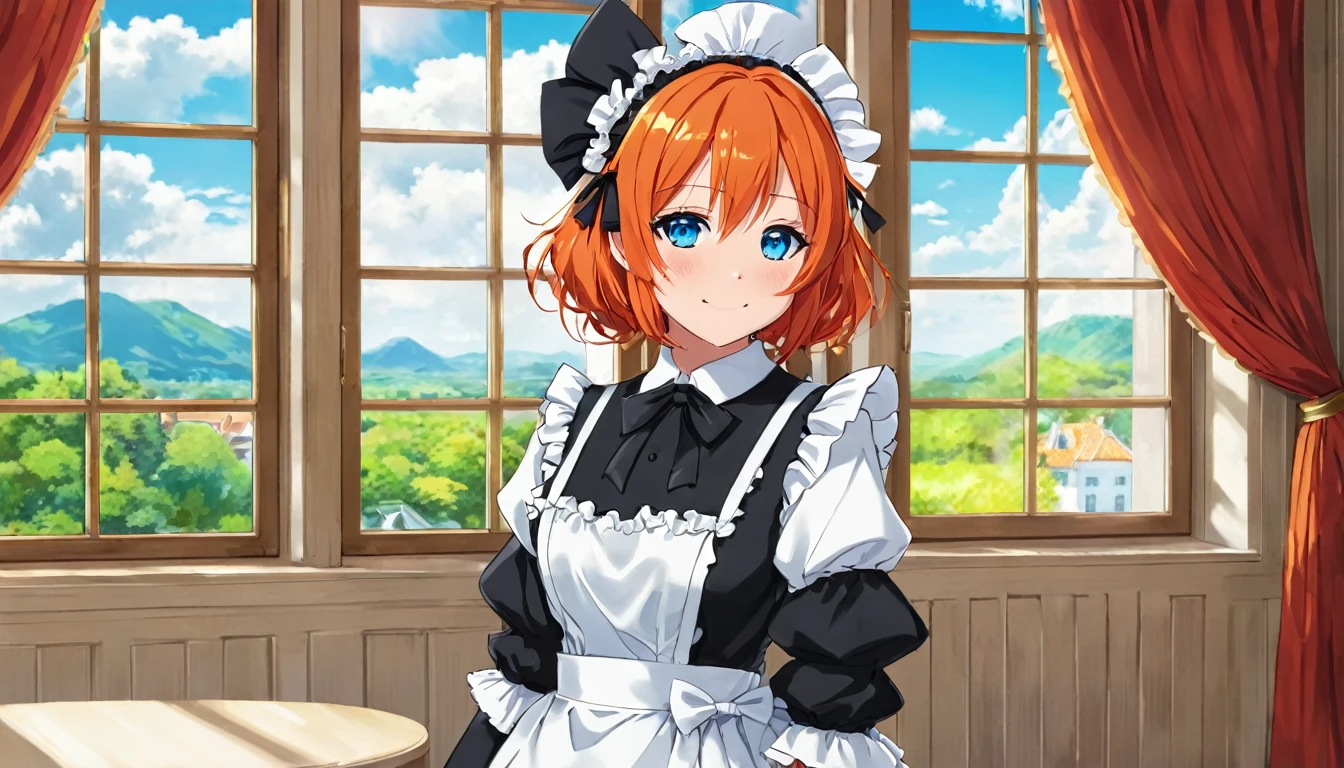 masterpiece,Highest quality,anime,(2D:1.2),indoor, ,  One girl, roswaal mansion Maid uniform, alone, Maid, Cyan blue eyes, short hair,bow hairband, Hair between the eyes, Removable sleeves, View your viewers, Red Hairband,ribbon, bangs, Recall, bow, Orange Hair,red ribbon, Black sleeves, window, Long sleeve, apron, white bow, Frills,ribbon trim,A light smile, with own hands,