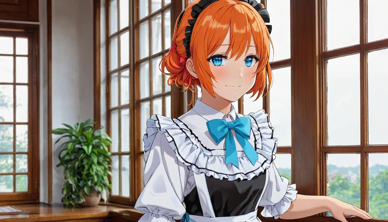 masterpiece,Highest quality,anime,(2D:1.2),indoor, , One girl, roswaal mansion Maid uniform, alone, Maid, Cyan blue eyes, short hair,bow hairband, Hair between the eyes, Removable sleeves, View your viewers, Red Hairband,ribbon, bangs, Recall, bow, Orange Hair,red ribbon, Black sleeves, window, Long sleeve, apron, white bow, Frills,ribbon trim,A light smile, with own hands,