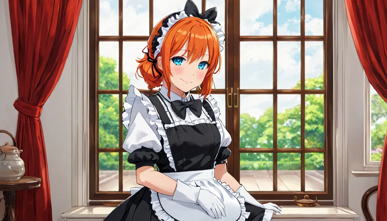 masterpiece,Highest quality,anime,(2D:1.2),indoor, ,  One girl, roswaal mansion Maid uniform, alone, Maid, Cyan blue eyes, short hair,bow hairband, Hair between the eyes, Removable sleeves, View your viewers, Red Hairband,ribbon, bangs, Recall, bow, Orange Hair,red ribbon, Black sleeves, window, Long sleeve, apron, white bow, Frills,ribbon trim,A light smile, with own hands,