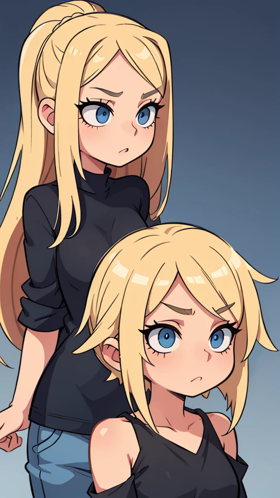 Blonde girl with shoulder-length hair Blue eyes in a black T-shirt Gorgeous eyelashes