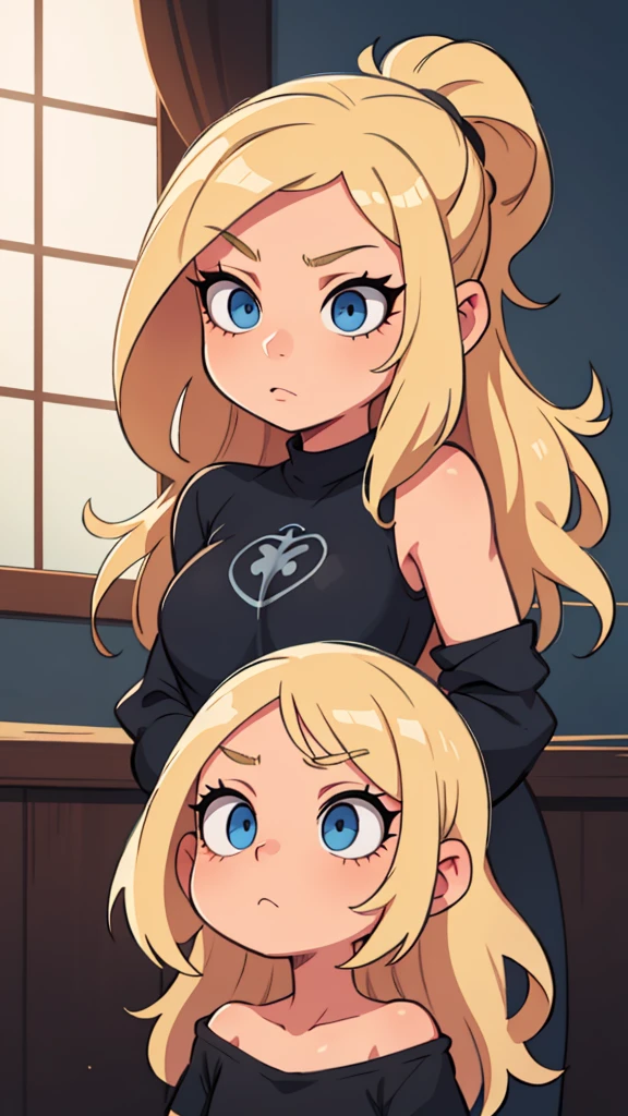 Blonde girl with shoulder-length hair Blue eyes in a black T-shirt Gorgeous eyelashes