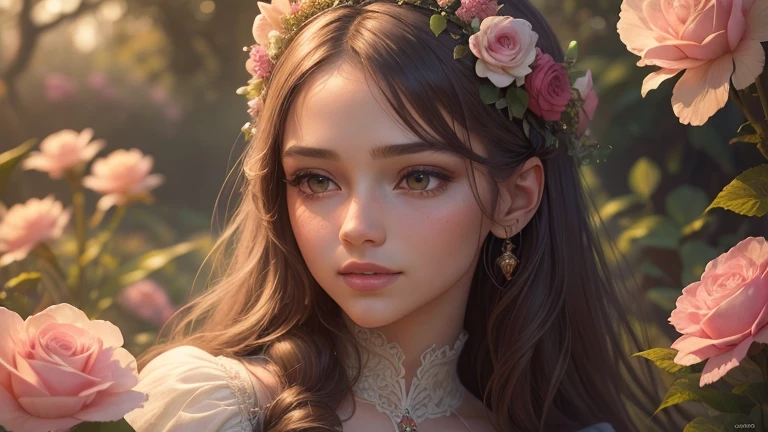 a beautiful girl in a magical garden, 1girl, detailed face, beautiful detailed eyes, beautiful detailed lips, delicate facial features, long eyelashes, dreamlike, elegant dress, vibrant flowers, lush greenery, intricate details, (best quality,4k,8k,highres,masterpiece:1.2),ultra-detailed,(realistic,photorealistic,photo-realistic:1.37),cinematic lighting,warm color palette,ethereal,fantasy art